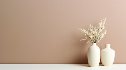 Soft home decor, white jug, vase with white small flowers on a white vintage wall background and on a wooden shelf. Interior.