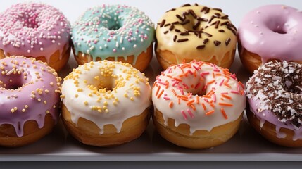 Obraz na płótnie Canvas Close-up of variety of glazed delicious festive donuts with colourful sprinkles. Generative AI
