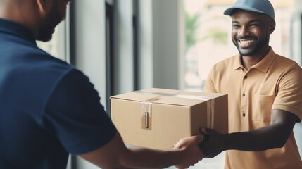 Delivery man holding a cardboard box delivering to customer home. Smiling man postal delivery man giving a package to the customer. - obrazy, fototapety, plakaty