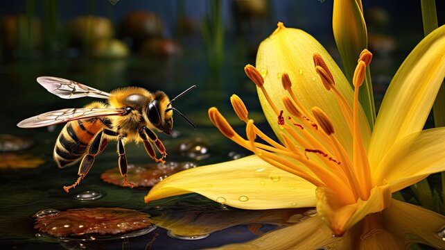a bee onto a lily in a lush garden, a macro lens to emphasize the intricate details of the bee's wings and body against the vibrant hues of the flower, creating a visually stunning macro shot.