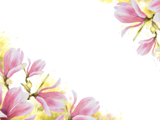 Floral frame, banner Watercolor pink magnolias spring flowers, buds, leaves Hand painted isolated illustration White background with green stains, splashes. Wedding invitations, greeting card template