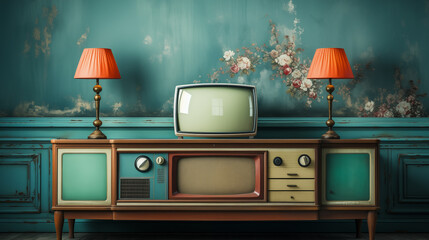 Retro old television in vintage wall pastel color background. Generative AI