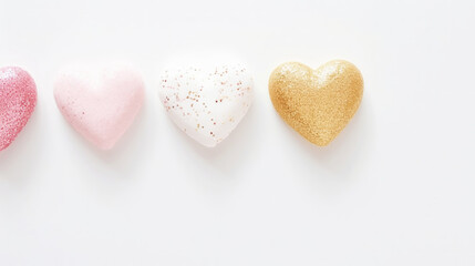 Obraz premium Aesthetic white and gold hearts on light background. Minimalist love concept. Copy space. Generative AI