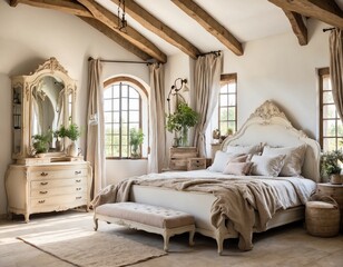 French country interior design of modern bedroom in farmhouse.