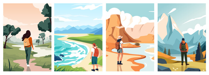 Travelers enjoying view. Cartoon persons enjoying nature and landscape, persons walking in park and camping. Vector isolated illustration