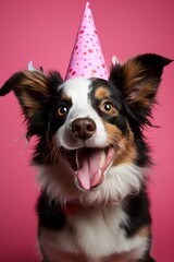 vertical image of cute fluffy dog in a festive hat smiling on a pink background. Birthday party of celebration concept