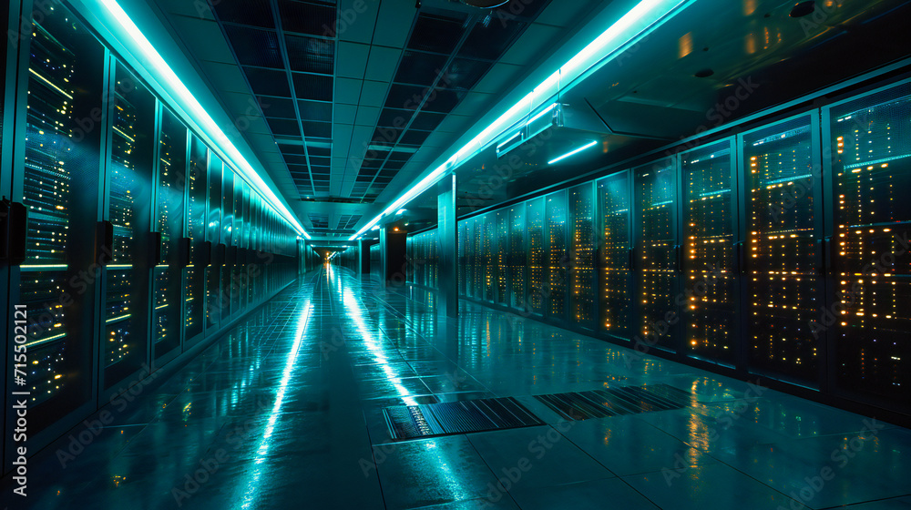 Wall mural datacenter interior: a technology datacenter room with servers and networking equipment in a modern 