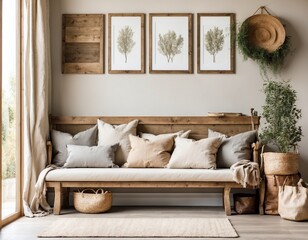 Wooden rustic bench with pillows against wall with two poster frames. Country farmhouse interior design of modern home entryway.