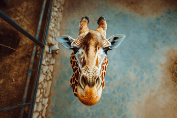 High-angle view of a giraffe looking directly at the camera, with a vibrant blue patterned background