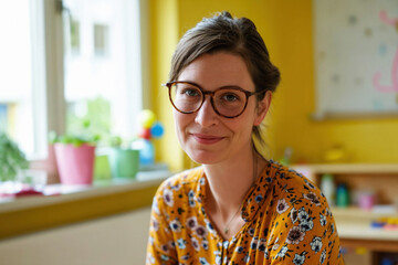 A smiling woman with glasses in a yellow floral shirt standing in a colorful classroom environment