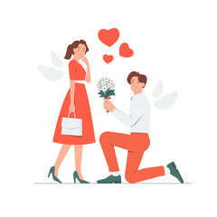 Man on knee proposing giving bouquet of flowers to woman on valentines day, making marriage proposal, fall in love concept illustration