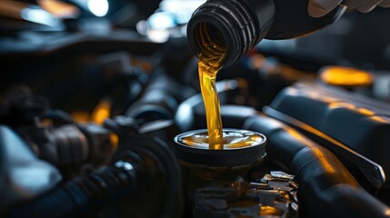 Close shot, pouring oil into the engine of the car