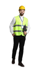Engineer in hard hat holding clipboard on white background