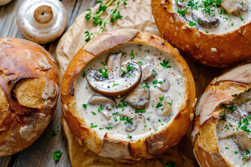 A gourmet setup of crusty bread bowls filled with savory cream of mushroom soup, topped with herbs and fresh mushrooms - 715502937
