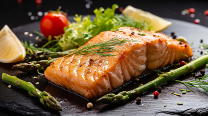 Baked salmon with a delicate taste of ginger and soy sauce, crispy asparagus, and fresh salad. This dish combines the rich, savory flavor of salmon with the light, refreshing texture of vegetables.