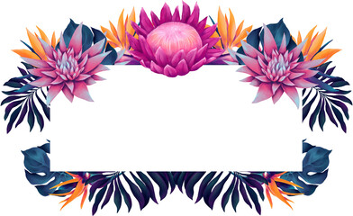 Tropical frame made of watercolor protea and strelitzia flowers and palm leaves in neon colors - 715503160