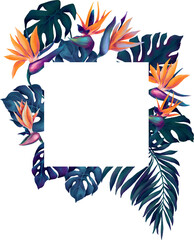 Square frame made of watercolor tropical colorful flowers and deep blue palm leaves - 715503192