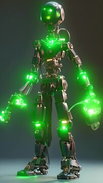 Cartoon digital avatars of Cyber Monk A robotic monk with a metallic body and glowing green eyes, wielding a pair of electrified tonfas.