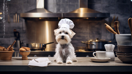 Happy Dog is cooking Wearing a chefs shirt - obrazy, fototapety, plakaty