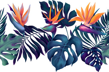 Horizontal seamless border with watercolor colorful strelitzia flowers, deep blue and green monstera and palm leaves - 715503538