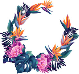 Tropical wreath with watercolor bright protea and strelitzia flowers and deep blue palm leaves - 715503729