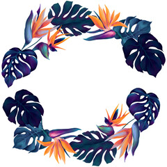 Watercolor wreath with tropical colorful flowers and deep blue monstera leaves - 715503785