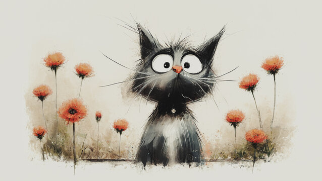 simpatico gatto nero tra i fiori colorati di un giardino che osserva perplesso