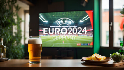 This image depicts a comfortable viewing setup for watching the Euro 2024 football tournament, with a glass of beer, slices of lemon, and a bowl of snacks on a table - obrazy, fototapety, plakaty
