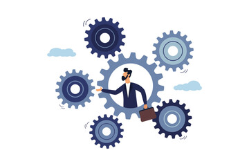 Businessman on gear, cogwheels optimize process. Process and workflow optimization, efficiency or automation system, solve problem or solution concept.