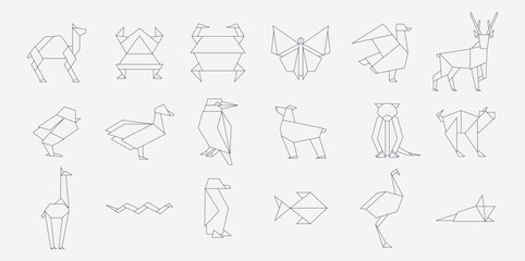 Line origami animals. Geometric folded Japanese traditional papercraft animals, simple outline sketch folded zoo. Vector collection