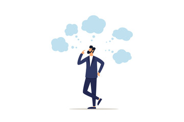 Businessman thinking with many thinking bubbles. Too many thinking ideas, contemplation solutions for troble, concerned or anxiety concept.