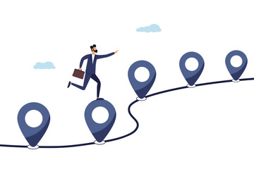 Businessman run on milestone location pin on business roadmap. Roadmap, project milestone or business journey achievement, step planning or progress concept.