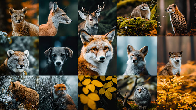 A blank photo collage showcasing the diversity of wildlife photography, with images of animals in their natural habitats, generative ai