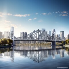 Timeless architectural icon, an iconic bridge spanning a majestic river with city skyline in the background