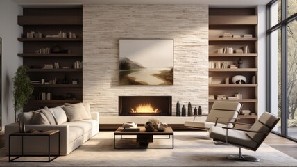 a minimalist living room in a spacious and luxurious house lounge, featuring a large fireplace and a wall-mounted television, with a focus on calming colors.