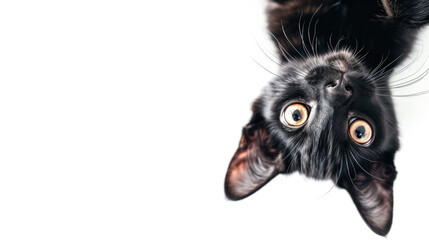 upside down surprised black red kitty cat   on a white isolated background. banner for pet store, with space for text. concept advertising, animals, cats, love for animals, emotions