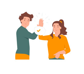Excited young man and woman giving high five gesture, slapping each others palms, arms raised, putting hands together concept illustration