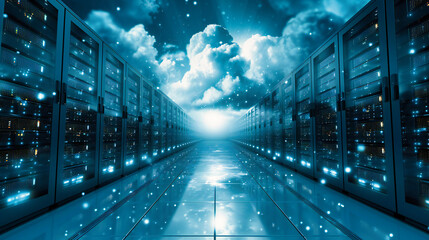 Fototapeta na wymiar Server Room Technology: A blue-toned image representing a technology server room with racks and networking equipment