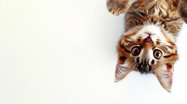 upside down surprised black red kitty cat   on a white isolated background. banner for pet store, with space for text. concept advertising, animals, cats, love for animals, emotions - Powered by Adobe