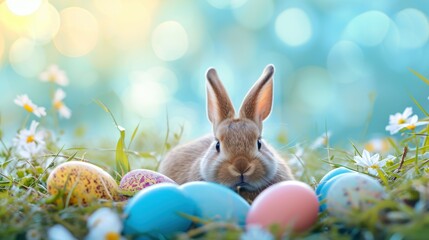 white Easter bunny against the backdrop of nature and celebrates Easter on the field with eggs. Easter concept, rabbit, hare, spring, holiday, religion, Christianity