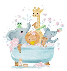 Safari Animals: elephant, giraffe, lion, zebra, monkey, frog washing in the bathroom, cute illustration for kids - 715504905