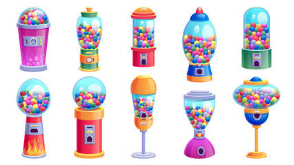 Gum ball vending machine. Cartoon retro candy dispenser with gumballs, colorful sweet balls for children amusement. Vector vending machine with gumballs set