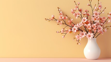 spring banner with place for text on a plain blue background. vase with white meadow flowers against the wall