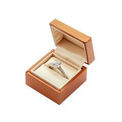 Elegant engagement ring with a diamond in an open box, isolated on a transparent background, symbolizing love and commitment