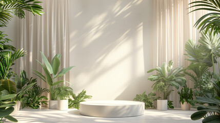 white cylinder pedestal. Minimal scene for product display presentation. curtain and foliage It's a component in the scene.