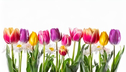 spring tulip flowers in a row isolated on white