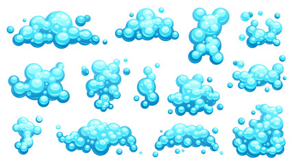 Cartoon shampoo foam set. Soapy bubbles and steam, shampoo foam and bubbles in shower, bubble foam and steam in water. Vector colorful isolated collection - obrazy, fototapety, plakaty