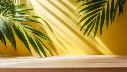 abstract yellow color gradient studio background for product presentation empty room with shadows of window and flowers and palm leaves 3d room with copy space summer concert blurred backdrop