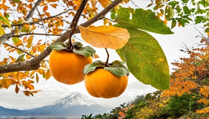 two ripe fruit of asian or japanese persimmon diospyros kaki cultivar ichi ki kei jiro and a fall leaf hanging on a tree isolated