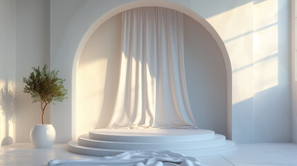 white cylinder pedestal. Minimal scene for product display presentation. The curtain is an element in the scene.
